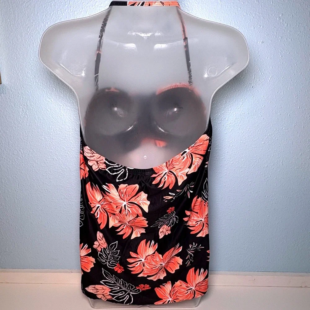 Floral Tankini L Swim‎ Top Halter Neck Black Coral Pink Hawaiian Tropical Swim